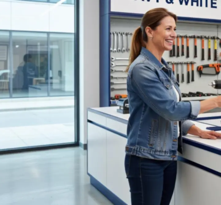 Zadowolony klient odbierający narzędzie przy ladzie