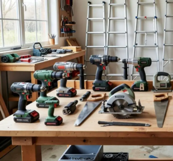 Siatka prezentująca różne kategorie narzędzi do wynajmu, od wiertarek po drabiny i sprzęt ogrodowy